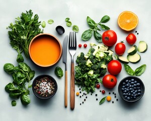 A watercolor-style art top view presents a healthy meal arrangement with fresh vegetables and fruits for a balanced diet in 2-giixel-standard resolution.
