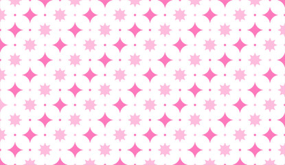 Seamless textile fabric with dots and stars pattern, in purple and pink colors