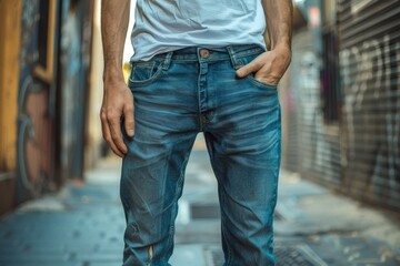 In the streets and alleys, a young man wearing jeans with a soft background showcases the personality and fashion sense of the pants