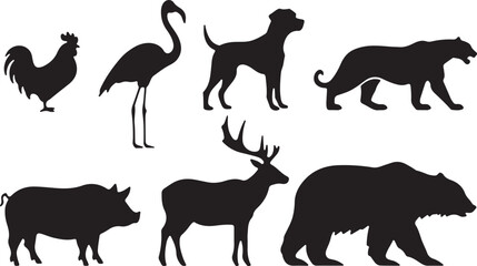 Collection of black animal silhouettes including a rooster flamingo dog tiger pig deer and bear