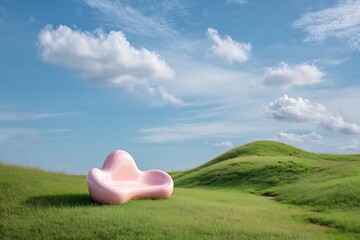 Modern pink organic shaped bench placed on a lush green grassy hill under a bright blue sky with fluffy white clouds