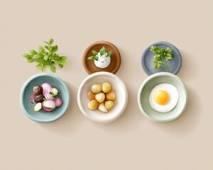 Watercolor-style art presents a top view of healthy meal ingredients: fresh herbs, boiled eggs, potatoes, and vibrant onions in cute little bowls.