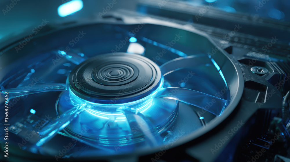 Poster close up of blue light cooling fan inside computer. powerful anomaly detection system for cybersecur