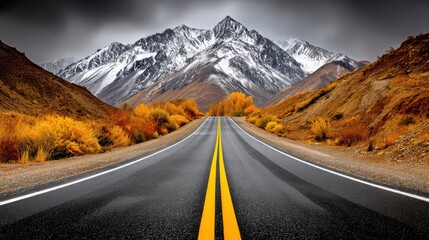A long empty road stretches through mountainous terrain with snow-capped peaks in the background