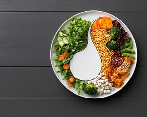 A yin yang symbol is created from healthy meals featu fresh greens, noodles, and vegetables arranged artfully on a plate in a high resolution image.