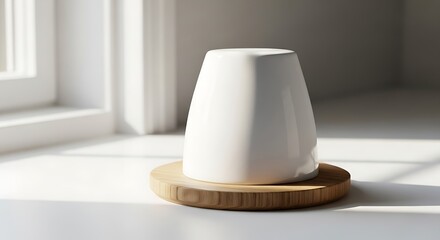 White cup and wooden coaster on countertop