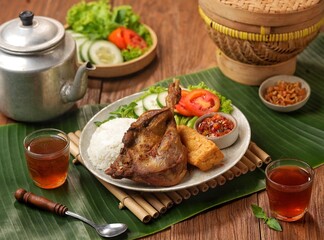 Bebek Goreng. Fried Duck Rice is duck meat that is fried and served with fresh vegetables plus a picnic