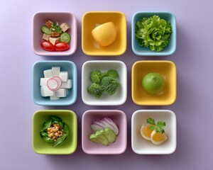 Healthy meals displayed in a pop art style collage grid layout features vibrant food in colorful bowls, perfect for a 1-giixel-standard v2-3000h image.