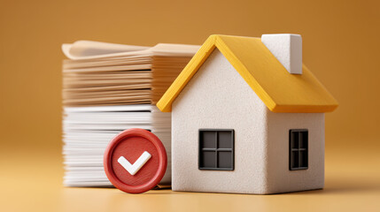 House model shows property approval for loan. mortgage document explains equity and amortization schedule