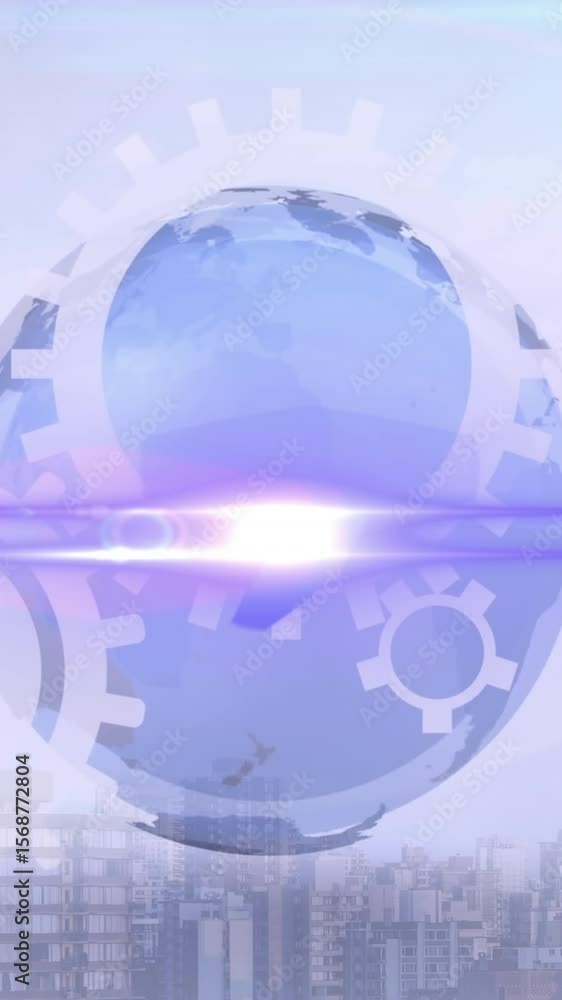 Poster animation of globe, cogs and data processing over cityscape