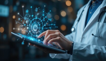 Digital Healthcare: Doctor using Tablet for Patient Data and Telemedicine