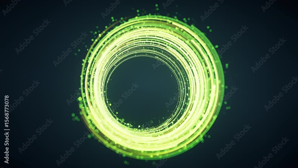 Poster rotating glowing green vortex lines and particles background, 3d rendering.