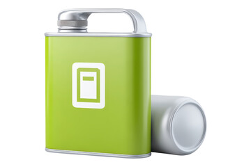 Green canister energy symbol fuel liquid beside silver can. Modern potent product offering power, isolated on white