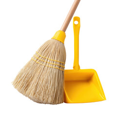 Yellow broom and dustpan vital for housekeepers engaging in daily maintenance and cleaning routine Such simple tools assist tidying and achieving spotless hygienic surface for an organized home