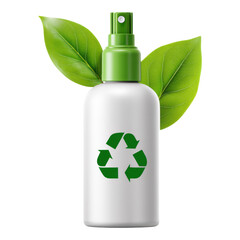 White spray bottle with green leaf, recycle symbol signifies eco friendly, sustainable, hopeful conservation product