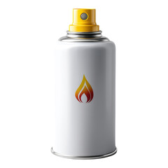 White pressurized spray can canister with yellow nozzle, featuring prominent red orange flame symbol indicating