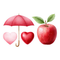 Health insurance protection is symbolized by red umbrella, heart, and apple, representing treatment and guarantee for well being and care in creative and positive way