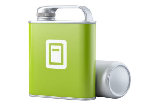 Green canister energy symbol fuel liquid beside silver can. Modern potent product offering power, isolated on white