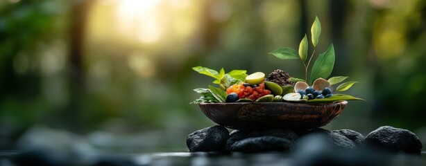 A vibrant platter of healthy meals, presented on a leaf, floats peacefully on a river in a serene forest landscape, showcasing leeyongjay's artistic vision.
