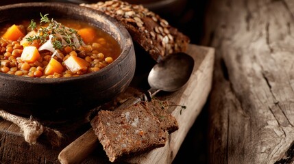 Warm Lentil Soup in Rustic Bowl with Bread on Wooden Table