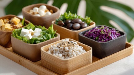Healthy vegan lunch featu bento boxes filled with rice, tofu, red cabbage, greens, chickpeas and plant based mozzarella, perfect for a nutritious meal plan.
