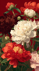 Peony Flowers Botanical Red White Pink Dark Floral Petals Green Leaves Vibrant Colorful Summer Blossoms Gardening Decoration Design Background Artistic Beautiful Blooming Growth Plant