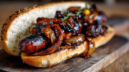 Grilled Sausage with Caramelized Onions on Toasted Bun