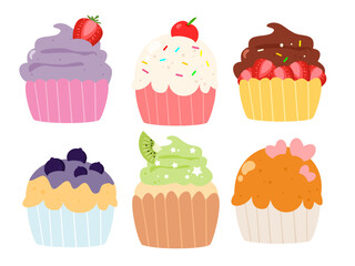 Various cupcake set. Cupcake with many flavor cartoon. Desert illustration