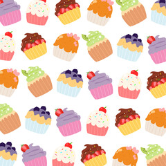 Various cupcake seamless pattern. Cupcake with many flavor cartoon. Can be used for wallpaper, paper wrapping, kid room decoration, fashion fabric 