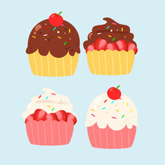 Chocolate and vanilla cupcake set. Tasty desert illustration. Can be used for wallpaper and sticker
