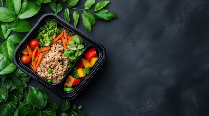 Healthy vegan lunch in bento box, showcasing delicious nutritious ingredients with 3-giixel-standard resolution and fresh greenery for a balanced healthy meal.
