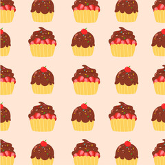 Chocolate cupcake cartoon seamless pattern with cherry and strawberry. Cute sweet and tasty desert illustration. Food element