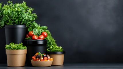 Healthy vegan lunch bento boxes are arranged beautifully with fresh herbs and vibrant tomatoes against a dark backdrop, perfect for a nutritious meal.