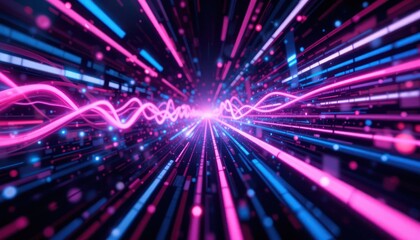 Naklejka premium Abstract Neon Lights Tunnel: Digital Data Stream