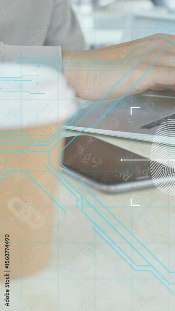 Poster animation of fingerprint, padlock in abstract pattern over midsection of caucasian man using laptop