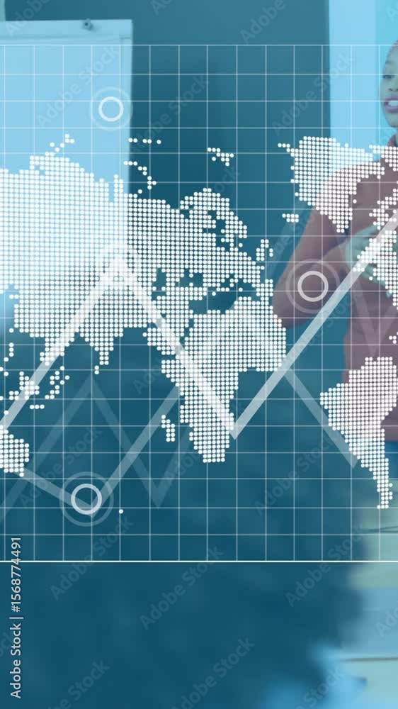 Poster animation of financial data processing and world map over diverse business people working at office