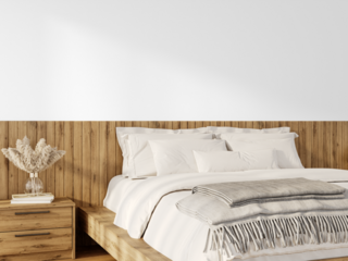 Cozy Wooden Bed Close-Up with Folded Blanket – Transparent PNG with Realistic Shadow for Bedroom Design Mockups – Transparent Wall Mockup with Realistic Shadows – 3D render