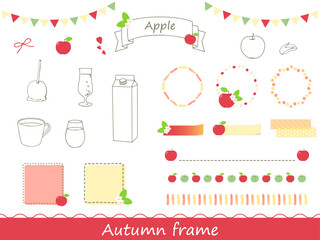 リンゴモチーフのかわいいフレームや見出し、ラインイラスト素材のセット