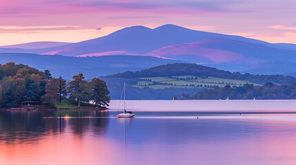 Serene lakeside landscape with sailboat, mountains and a vibrant dusk sky reflecting in calm waters