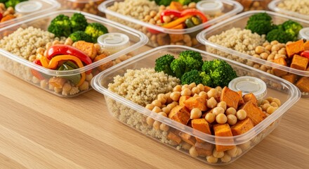 Healthy Meal Prep Containers with Quinoa, Broccoli, Sweet Potatoes, and Chickpeas on Wooden Surface