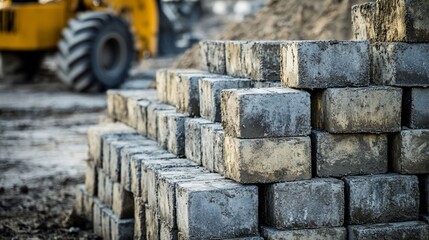 Close-Up Stack of Concrete Blocks at a Construction Site with Excavator