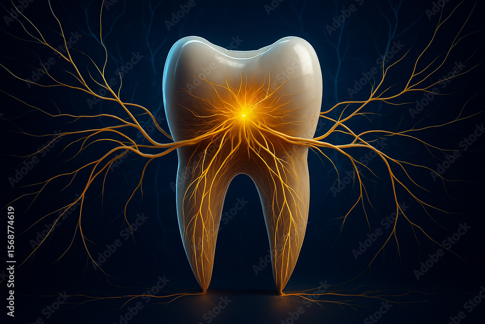 Poster ai generated realistic digital tooth with golden nerve connections representing a sci-fi anatomical 