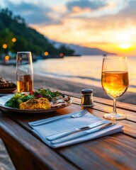 A healthy meal and wine are set upon a wooden table on the beach at sunset, creating a cinematic scene perfect for a peaceful and delicious dining experience.