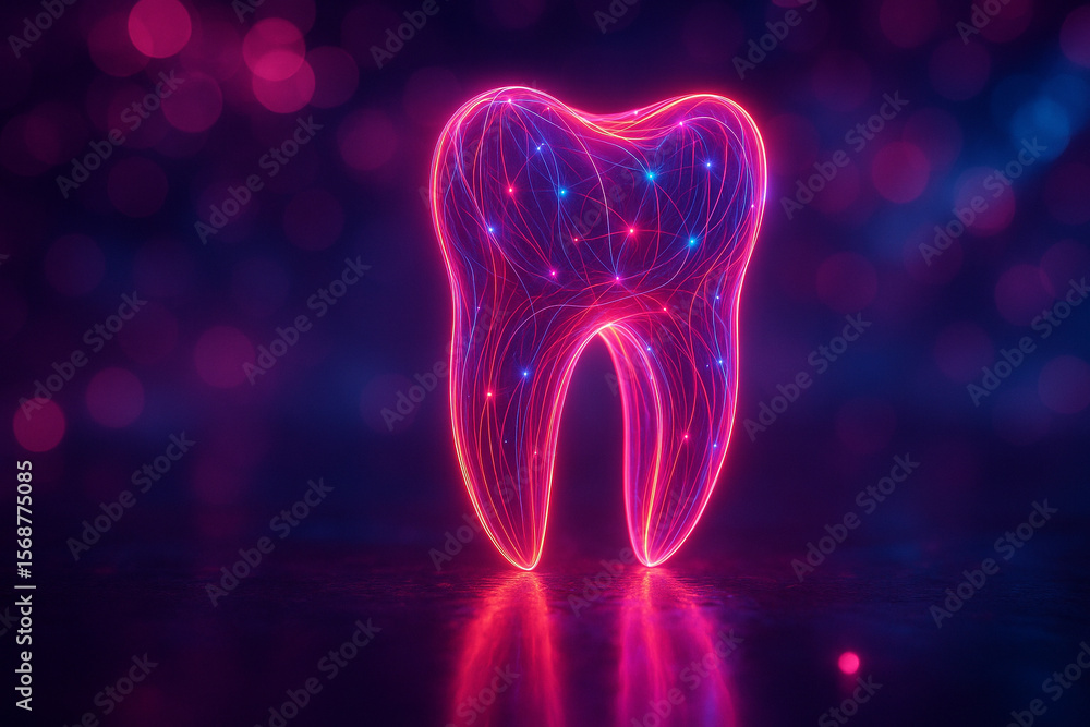 Poster ai generated glowing abstract holographic tooth with neon pink purple and blue energy lines floating