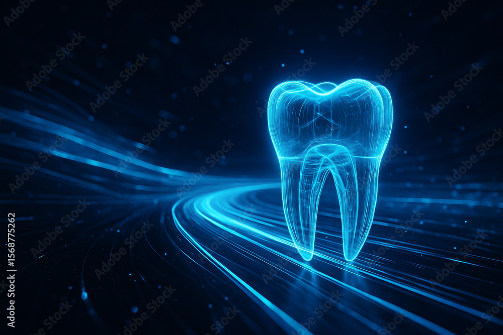 Aufkleber ai generated digital artwork shows a translucent 3d tooth illuminated in blue light with data stream