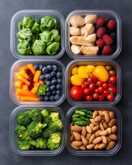 Healthy meals prepped in bulk are arranged in clear containers for weekly planning, offe a vibrant and nutritious dietary selection on a dark background.