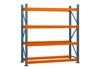 Metal storage rack in vivid orange and blue, 3d rendered, displaying clean industrial design with transparent background for product placement