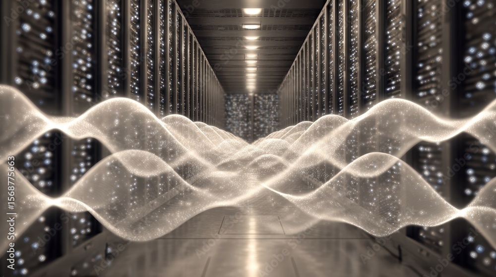 Poster abstract representation of data flow within a server room.