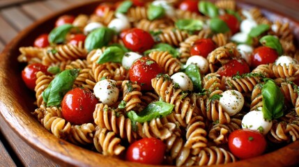 Fototapeta premium Colorful Pasta Salad with Fresh Tomatoes and Basil on Wooden Plate