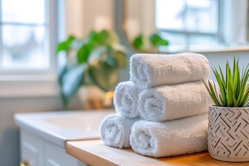 Freshly folded towels and a decorative plant in a bright bathroom setting during daytime